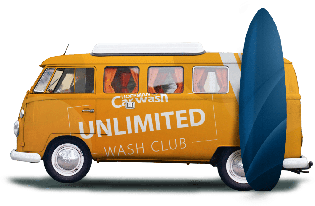 VW Van with Surf Board and "Unlimited Wash Club" logo on the side